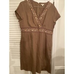 J. Jill Women's 100% Linen Embroidered Soft Neutral Brown Minimalist Dress Sz 18
